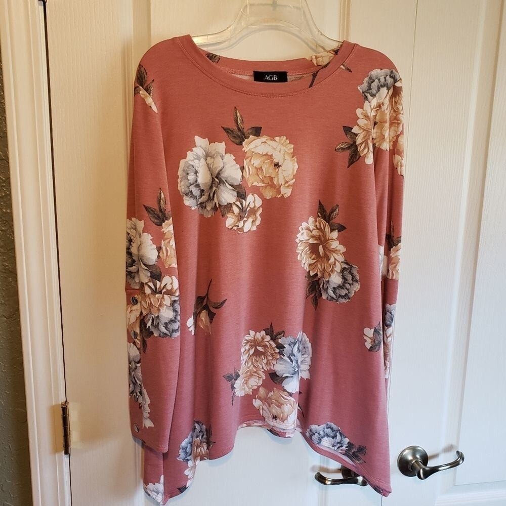 AGB Womens Mauve Floral Sharkbite Hem Tunic Top Long Sleeve Button Cuff Large